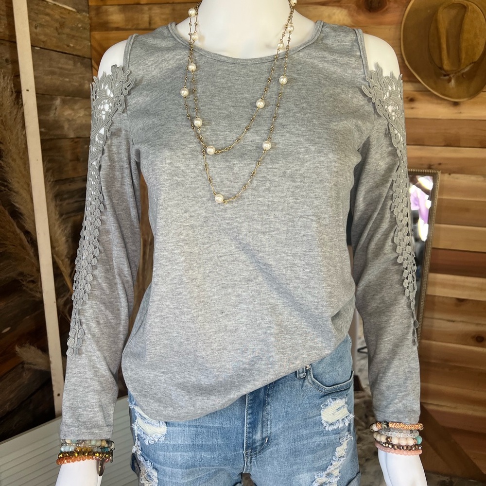 Lace Splicing Cold Shoulder Long Sleeve Top in gray!